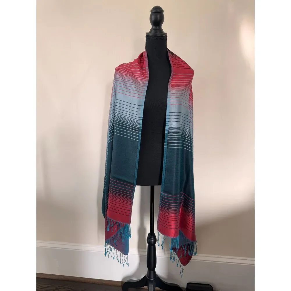 Bulbul Handicraft Silk Wool Blend Scarf from India Teal Red Striped Fringe Wrap